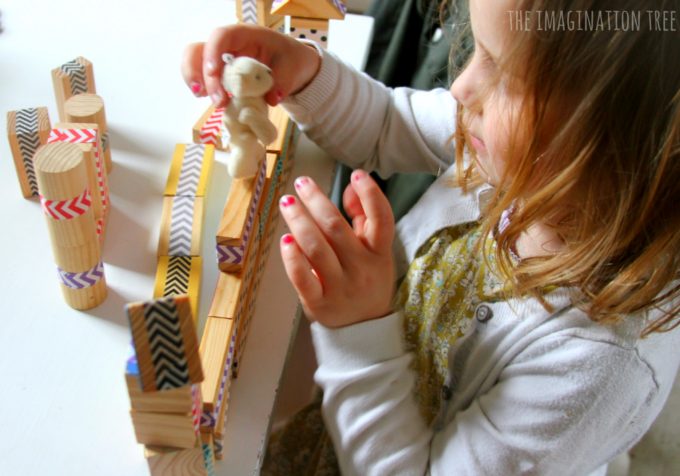 Building with patterned wood blocks